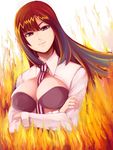  breasts brown_eyes brown_hair crossed_arms fire large_breasts long_hair looking_at_viewer necktie pixiv_fantasia pixiv_fantasia_new_world riochan smile solo 