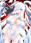  1girl absurdres ass_visible_through_thighs breasts cinderella_(nikke) cleavage gloves goddess_of_victory:_nikke hair_over_one_eye highres large_breasts long_hair looking_at_viewer navel parted_lips reaching reaching_towards_viewer red_eyes see-through solo variant_set white_gloves white_hair yuruto 