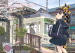  bad_id bad_pixiv_id bag black_eyes black_hair cherry_blossoms ground_vehicle hair_ornament hairclip long_hair metro-radio multiple_girls original petals railroad_crossing real_world_location school_bag school_uniform short_hair skirt smile streetcar sweater tokyo_(city) twintails 