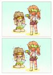  2koma aqua_background at_gunpoint backpack bag bandolier bare_shoulders beige_shirt belt boots brown_hair brown_shorts c.c._lemon camouflage closed_eyes comic facing_away glasses goggles green_shorts hand_on_hip hands_up headband holding holding_water_gun horn in_the_face looking_at_another monitor multiple_girls outstretched_arm ponytail rimless_eyewear sankuma shirt shoes short_shorts short_sleeves shorts sitting standing t-shirt tank_top thighhighs wariza water water_gun wet white_legwear wristband yellow_eyes yellow_footwear 