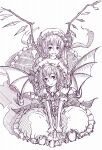  2girls ascot bat_wings brooch center_frills closed_mouth commentary_request daro fang flandre_scarlet frilled_skirt frills hands_on_another&#039;s_shoulders hat head_tilt jewelry looking_at_another making-of_available mob_cap monochrome multiple_girls open_mouth puffy_short_sleeves puffy_sleeves remilia_scarlet short_sleeves siblings sisters sitting sketch skirt touhou wings 