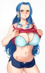  1girl absurdres blue_bra blue_hair blue_panties blue_shorts blush bra breasts cleavage closed_mouth clothes_lift commission earrings embarrassed english_commentary highres jewelry joy_boy large_breasts lifted_by_self long_hair looking_at_viewer navel nefertari_vivi one_piece panties panty_peek red_tank_top shirt_lift short_shorts shorts solo sweatdrop tank_top underwear white_background 