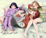  4girls ;t ;| asakura_toru bare_legs barefoot bed_sheet blush brown_shirt fingernails fukumaru_koito green_shirt grey_shirt haigyo hand_glasses highres higuchi_madoka ichikawa_hinana idolmaster idolmaster_shiny_colors knees_together_feet_apart knees_up looking_at_viewer lying lying_on_person multiple_girls nail_polish noctchill_(idolmaster) on_back pajamas purple_pajamas shirt sideways_glance toenail_polish toenails toes 