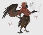 accipitrid accipitriform anthro apxphenia arm_wound avian avian_feet bandage bandaged_arm beak bearded_vulture belt bird blood blood_on_weapon bodily_fluids bottomwear clothed clothing digital_media_(artwork) feathered_tail feathered_wings feathers gun healing_wound hi_res knife male missing_wing old_world_vulture pants patch_(fabric) ranged_weapon scuted_arms scuted_feet scutes simple_background smile smiling_at_viewer smirk smirking_at_viewer smoking_gun solo standing tail topless topless_anthro topless_male torso_wound vulture weapon wings wounded