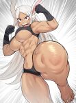  1girl :d abs absurdres animal_ears ass_visible_through_thighs bare_shoulders barefoot black_gloves black_shorts black_sports_bra boku_no_hero_academia breasts clenched_hands dark-skinned_female dark_skin feet flexing gloves hands_up harurukan hashtag-only_commentary highres knee_up large_breasts long_eyelashes long_hair looking_at_viewer micro_shorts mirko motion_lines muscular muscular_female navel open_mouth parted_bangs rabbit_ears rabbit_girl red_eyes shorts smile solo sports_bra stomach teeth thick_thighs thighs toes underboob upper_teeth_only very_long_hair white_hair 