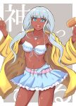  1girl :d bikini blue_eyes blunt_bangs breasts danganronpa_(series) danganronpa_v3:_killing_harmony dark-skinned_female dark_skin frills hair_ornament hammer highres hiro_1209 holding holding_hammer jacket jewelry long_hair long_sleeves looking_at_viewer low_twintails navel necklace open_clothes open_mouth shiny_skin skirt smile solo swimsuit teeth twintails upper_teeth_only yonaga_angie 