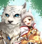  1girl ;d animal_ears blue_eyes blue_sky breasts brown_hair cat_ears cat_girl closed_mouth dromarch_(xenoblade) fangs highres jasumin_cha jumpsuit long_sleeves looking_at_viewer nia_(xenoblade) one_eye_closed open_mouth outdoors short_hair sky small_breasts smile solo tiger tree white_hood xenoblade_chronicles_(series) xenoblade_chronicles_2 yellow_eyes yellow_jumpsuit 