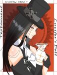  1other ascot asymmetrical_gloves asymmetrical_sleeves black_hair cup fingerless_gloves gloves guilty_gear guilty_gear_strive hat highres kittenvalentin4 long_hair other_focus red_eyes skull solo teacup testament_(guilty_gear) top_hat white_ascot 