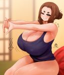  1girl absurdres armpits bare_shoulders black_panties black_tank_top blurry blurry_background blush breasts brown_eyes brown_hair cleavage hair_bun highres huge_breasts kaii_to_otome_to_kamigakushi mole mole_under_eye ogawa_sumireko one_eye_closed panties short_eyebrows short_hair sidelocks sitting smile solo stretching tank_top the_only_shoe thick_eyebrows thick_thighs thighs underwear wavy_mouth 