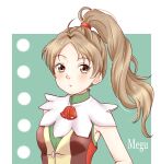  1girl bell blush brown_eyes brown_hair character_name closed_mouth expressionless gensou_suikoden gensou_suikoden_ii green_background highres long_hair looking_at_viewer meg_(suikoden) shirt sleeveless sleeveless_shirt solo umikamome_(pixiv40804077) upper_body 