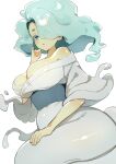 1girl absurdres aqua_eyes aqua_hair bare_shoulders breasts cleavage en&#039;enra enraenra_(youkai_watch) hair_over_one_eye highres japanese_clothes kimono kmnk_(kumanuko) large_breasts long_hair looking_at_viewer monster_girl off_shoulder simple_background solo traditional_youkai white_background youkai_(youkai_watch) youkai_watch 