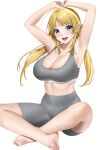 1girl absurdres armpits arms_up bare_legs barefoot bike_shorts blonde_hair blue_eyes blush breasts cleavage commission grey_shorts grey_sports_bra hachimiya_meguru highres idolmaster idolmaster_shiny_colors indian_style large_breasts looking_at_viewer pixiv_commission presenting_armpit shinonome_shake shorts simple_background sitting smile solo sports_bra toes twintails white_background 