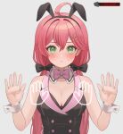  1girl :&lt; absurdres ahoge alternate_costume animal_ears black_vest blush bow bowtie breasts bunny_garden buttons cleavage collared_vest commentary_request detached_collar double-breasted double-parted_bangs fake_animal_ears green_eyes hair_between_eyes hair_bow hair_ornament hairclip hanazawa_ma hands_up highres hololive lapels large_breasts long_hair looking_at_viewer low_twintails notched_lapels pink_bow pink_hair rabbit_ears sakura_miko simple_background small_sweatdrop solo twintails upper_body vest virtual_youtuber white_background wrist_cuffs 