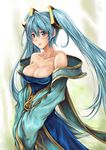  :p bare_shoulders blue_eyes blue_hair blush breasts cleavage erementa large_breasts league_of_legends long_hair low_neckline musical_note solo sona_buvelle tongue tongue_out twintails 