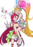  2girls ankle_bow aqua_hair bare_legs bird blonde_hair blue_hair bow carrying character_name closed_eyes cure_flamingo cure_summer dot_nose elbow_gloves facing_viewer fishnet_thighhighs fishnets flamingo flower gloves gradient_hair grin hair_flower hair_ornament highres legs_apart long_hair magical_girl midriff multicolored_hair multiple_girls natsuumi_manatsu open_mouth pink_bow pink_hair pouch precure red_hair shoes side_ponytail skirt smile standing streaked_hair sun takizawa_asuka thighhighs tropical-rouge!_precure two-tone_hair v very_long_hair white_background white_bow white_footwear white_gloves white_skirt yuzu_sato zettai_ryouiki 