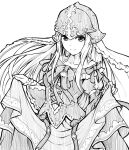  1girl closed_mouth clothes_lift dress dress_lift fire_emblem fire_emblem:_path_of_radiance fire_emblem_heroes helmet juliet_sleeves long_hair long_sleeves looking_at_viewer monochrome nephenee_(fire_emblem) nephenee_(soiree)_(fire_emblem) puffy_sleeves simple_background smile solo ten_(tenchan_man) upper_body white_background 