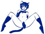  animal_ears blue blue_eyes blue_hair blush boots breasts cat_ears cat_tail covering covering_breasts covering_crotch cubesona elbow_gloves gloves kemonomimi_mode monochrome navel nude persona persona_4 shirogane_naoto short_hair solo spread_legs tail 