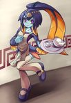  apron bangs blue_skin blunt_bangs bowl cup delta_monster fins fish_girl hair_ornament mary_janes minette_(skullgirls) monster_girl pink_eyes rice rice_bowl shell shoes skullgirls smile solo teacup thighhighs tray waitress yellow_sclera 