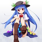  :t bad_id bad_pixiv_id blue_hair bow brown_legwear food fruit gradient gradient_background hat head_tilt hinanawi_tenshi long_hair looking_at_viewer outstretched_foot ozaki_(ko-zaki) peach pout puffy_sleeves red_eyes shirt short_sleeves sitting skirt socks solo touhou very_long_hair 