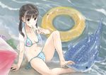  bad_id bad_pixiv_id barefoot beach bikini black_eyes black_hair blush breasts breasts_apart collarbone dirty_feet food fujita_hidetoshi inflatable_toy inflatable_whale innertube legs long_hair navel original popsicle print_bikini sitting solo star star_print string_bikini swimsuit twintails water whale_shark 