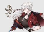  1boy 1girl age_difference aunt_and_nephew blood blush bouncing_breasts breasts coat dante_(devil_may_cry) devil_may_cry_(series) devil_may_cry_4 femdom fingerless_gloves genderswap genderswap_(mtf) gloves hetero male_focus mature_female meme nero_(devil_may_cry) nosebleed power_connection punching red_coat short_hair simple_background trench_coat veelzlone white_hair 