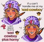  1boy blonde_hair blue_eyes blue_lips blush commentary crying crying_with_eyes_open emoji english_commentary feathers highres horseshoe huyandere johnny_joestar jojo_no_kimyou_na_bouken male_focus smile stand_(jojo) star_(symbol) star_print steel_ball_run tears tusk_(stand) tusk_act1 white_hat 
