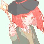  1girl blush_stickers brown_vest collared_shirt danganronpa_(series) danganronpa_v3:_killing_harmony green_hat hair_ornament hand_up hat highres holding holding_staff jacket karoru_(xiaoxian55) looking_at_viewer multicolored_hair open_clothes open_jacket red_hair shirt short_hair smile staff two-tone_hair vest white_shirt witch_hat yumeno_himiko 