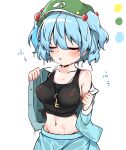  1girl between_breasts black_tank_top blue_hair blue_skirt blush breasts closed_eyes commentary_request covered_nipples cowboy_shot flat_cap hair_between_eyes hair_bobbles hair_ornament hat highres hot jewelry kawashiro_nitori key key_necklace large_breasts long_bangs long_sleeves midriff navel necklace no_bra omugiri open_clothes open_mouth open_shirt short_hair short_twintails simple_background skirt skirt_set solo sweat tank_top touhou twintails two_side_up white_background 