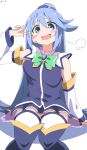  1girl absurdres aqua_(konosuba) bare_shoulders blue_eyes blue_footwear blue_hair blue_shirt blue_skirt blue_thighhighs blush boots bow bowtie breasts cynical_(llcbluckg_c004) detached_sleeves green_bow green_bowtie hair_between_eyes hair_ornament hair_rings highres kono_subarashii_sekai_ni_shukufuku_wo! long_hair looking_at_viewer naughty_face open_mouth shirt simple_background single_hair_ring sitting skirt smile solo thigh_boots thighhighs thighhighs_under_boots 