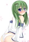  ass bad_id bad_pixiv_id bare_shoulders blue_eyes blush breasts chimunge detached_sleeves frog_hair_ornament green_hair hair_ornament highres kochiya_sanae large_breasts long_hair long_sleeves looking_at_viewer looking_back no_pants panties shirt solo touhou underwear white_panties wide_sleeves 