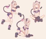  1girl @_@ ahoge all_fours animal_ear_fluff animal_ear_hairband animal_ears animal_hands bare_legs bare_shoulders bell black_bra black_choker black_footwear black_gloves black_hairband black_panties bow bra bridal_garter butterfly_sitting cat_cutout cat_ears cat_lingerie cat_tail chinese_commentary choker claws cleavage_cutout closed_eyes clothing_cutout commentary_request fake_animal_ears flat_chest frilled_bra frilled_choker frilled_garter frilled_panties frills full_body gloves grey_hair hairband highres jingle_bell long_hair meme_attire multiple_views navel onii-chan_wa_oshimai! orange_eyes oyama_mahiro panties paw_gloves paw_pose paw_shoes pink_bow simple_background sitting stomach tail tail_bell tail_bow tail_ornament twintails underwear wavy_mouth ziyan_yi 