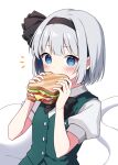  1girl black_bow black_bowtie blue_eyes blush bow bowtie closed_mouth commentary_request food ghost green_vest grey_hair highres holding holding_food konpaku_youmu konpaku_youmu_(ghost) looking_at_viewer sandwich short_hair short_sleeves simple_background solo suzuno_naru touhou upper_body vest white_background 