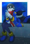  aile_(mega_man_zx) black_bodysuit blue_coat blue_footwear blue_jacket bodysuit bodysuit_under_clothes brown_hair coat cropped_jacket cup full_body gloves highres holding holding_cup jacket mega_man_(series) mega_man_zx motor_vehicle motorcycle night official_alternate_costume omeehayo red_scarf robot_ears scarf shorts sitting snowing white_gloves white_shorts 