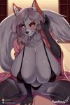 2024 2:3 anthro asian_clothing big_breasts bra breasts canid canine clothing east_asian_clothing female fox fur grey_body grey_fur grey_hair hair hi_res huge_breasts japanese_clothing kimono kneeling mammal nipple_outline panties pashapencil pink_eyes solo underwear