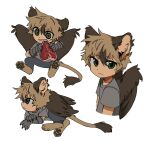  1boy animal_ear_fluff animal_ears animal_feet animal_hands brown_hair brown_wings child claws closed_mouth deviidog0 digitigrade eating english_commentary feathered_wings food full_body fur-tipped_tail green_eyes grey_shirt hair_between_eyes hands_up highres holding lion_boy lion_ears lion_tail looking_at_viewer lying male_focus meat monster_boy multicolored_hair multiple_views on_stomach original shirt short_eyebrows short_hair short_sleeves simple_background sitting streaked_hair t-shirt tail white_background wings 