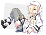 1girl 9-nine- \||/ absurdres black_footwear blonde_hair blush closed_mouth commentary from_side frown full_body garter_straps ghost_(9-nine-) grey_background grey_skirt grey_thighhighs hair_over_one_eye highres hood hood_up hoodie knees_up legs_together loafers long_bangs long_hair long_sleeves looking_at_viewer miniskirt pleated_skirt red_eyes shoes signature simple_background sitting skirt socks solo thighhighs twitter_username two-tone_background usetsusakon2 white_background white_hoodie white_socks wide_sleeves zettai_ryouiki 
