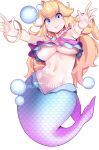  1girl bare_shoulders blonde_hair blue_eyes blue_scales bracelet breasts commentary english_commentary gold_bracelet highres hot_vr jewelry large_breasts lips long_hair looking_at_viewer mario_(series) mermaid mermaid_peach monster_girl navel necklace pearl_necklace pink_scales pixiv_username princess_peach princess_peach:_showtime! scales simple_background solo stomach subscribestar_username underboob white_background 