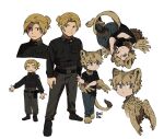  2boys animal_ears animal_hands artist_name black_jacket blonde_hair brown_eyes brown_feathers brown_fur brown_hair brown_pants brown_wings child closed_mouth collared_jacket commentary deviidog0 feathered_wings feathers full_body fur-tipped_tail hair_bun highres holding_hands jacket lion_boy lion_ears lion_tail long_sleeves looking_at_viewer lying male_focus monster_boy multiple_boys multiple_views on_side original pants short_hair simple_background single_hair_bun smile sphinx symbol-only_commentary tail white_background wings 