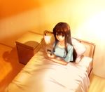  bed brown_eyes brown_hair cellphone evening fate/extra fate/extra_ccc fate_(series) hospital_gown kishinami_hakuno_(female) lens_flare long_hair pesu_(penpen) phone pillow sitting smartphone solo twilight under_covers 