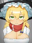  1girl :i black_hat blonde_hair blush bow braid breasts cleavage closed_mouth commentary_request cookie_(touhou) frills green_eyes grey_background hair_between_eyes hair_bow hat hat_bow highres kirisame_marisa large_breasts long_hair looking_at_viewer mars_(cookie) pura_(aiueo256375) red_scarf scarf shirt side_braid simple_background single_braid solo touhou upper_body white_bow white_shirt witch_hat 