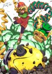  arms_(game) beanie blonde_hair domino_mask dragon_(arms) explosion green_eyes hat highres leggings leggings_under_shorts mask megawatt_(arms) min_min_(arms) orange_shorts shoes short_hair shorts signature sneakers stretched_limb you_bird 