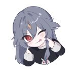  +_+ 1girl ;p blush character_print chibi closed_mouth commentary_request cropped_torso fu_hua fu_hua_(herrscher_of_sentience) grey_hair hair_between_eyes hands_up highres honkai_(series) honkai_impact_3rd jingwei_(bird) korean_commentary leaning_to_the_side long_hair looking_at_viewer one_eye_closed print_shirt red_eyes shirt simple_background smile solo tongue tongue_out tttokhonkai upper_body white_background 