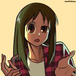  1girl artist_name azumanga_daioh black_hair brown_eyes commentary cosplay english_commentary fingernails grand_theft_auto grand_theft_auto:_san_andreas highres kasuga_ayumu long_hair looking_at_viewer markislazy medium_bangs open_clothes open_mouth open_shirt parody plaid plaid_shirt red_shirt shirt sidelocks solo the_truth the_truth_(cosplay) undershirt uneven_eyes upper_body white_shirt yellow_background 