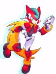  1girl aile_(mega_man_zx) armor black_bodysuit blonde_hair bodysuit boots cropped_jacket crotch_plate energy_gun full_body green_eyes gun highres holding holding_gun holding_weapon jacket long_hair looking_at_viewer mega_man_(series) mega_man_zx model_zx_(mega_man) omeehayo power_armor red_armor red_footwear red_helmet red_jacket simple_background solo weapon white_background 