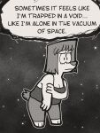 anthro anxiety canid canine canis comic cosmic_background depression domestic_dog english_text female galactabee greyscale hi_res mammal monochrome nikki_(galactabee) solo space space_background text