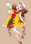 bad_id bad_pixiv_id brown_hair cojibou cup dress full_body hair_ornament hairclip happy hat long_hair mary_janes open_mouth orange_eyes original shoes simple_background solo 
