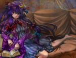  barefoot book capelet coat couch crescent dress hair_ribbon hat highres long_hair long_sleeves looking_at_viewer open_clothes open_coat patchouli_knowledge purple_dress purple_eyes purple_hair ribbon sitting solo striped striped_dress syuraime_0 touhou tress_ribbon very_long_hair wide_sleeves 