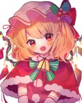  1girl alternate_costume bell blonde_hair blush bow bowtie capelet cherry_hat_ornament chikuwa_(tikuwaumai_) crystal elbow_gloves flandre_scarlet gloves green_bow green_bowtie hat head_tilt highres jingle_bell looking_at_viewer medium_hair mob_cap open_mouth pointy_ears red_capelet red_eyes santa_costume simple_background solo teeth touhou upper_body upper_teeth_only v_arms white_background white_hat wings 