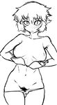  blush bra bra_pull breasts character_request dressing embarrassed greyscale large_breasts monochrome nipples original panties panty_pull pubic_hair short_hair solo tsukudani_(coke-buta) underwear underwear_only 