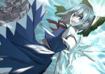  1girl blue_background blue_eyes blue_hair blue_skirt blue_vest bow cirno dutch_angle frilled_skirt frills from_side green_bow hair_between_eyes hair_bow highres ice ice_wings looking_at_viewer medium_hair neck_ribbon otoshiro_kosame outstretched_arm outstretched_hand petticoat puffy_short_sleeves puffy_sleeves red_ribbon ribbon short_sleeves skirt skirt_set solo touhou vest wings 